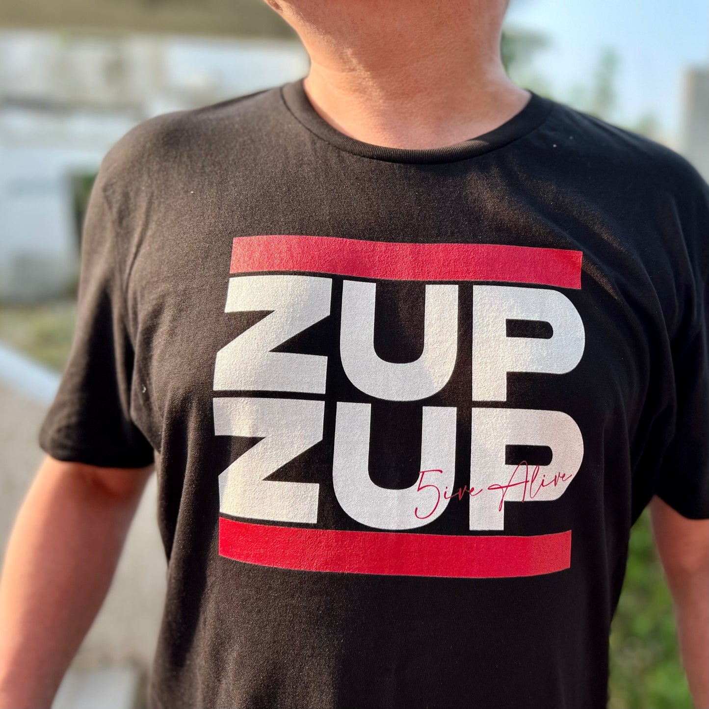 Signature Series (MC 5ive Alive 'Zup Zup') Unisex organic cotton t-shirt (White Text) MAIN FRONT PRINT