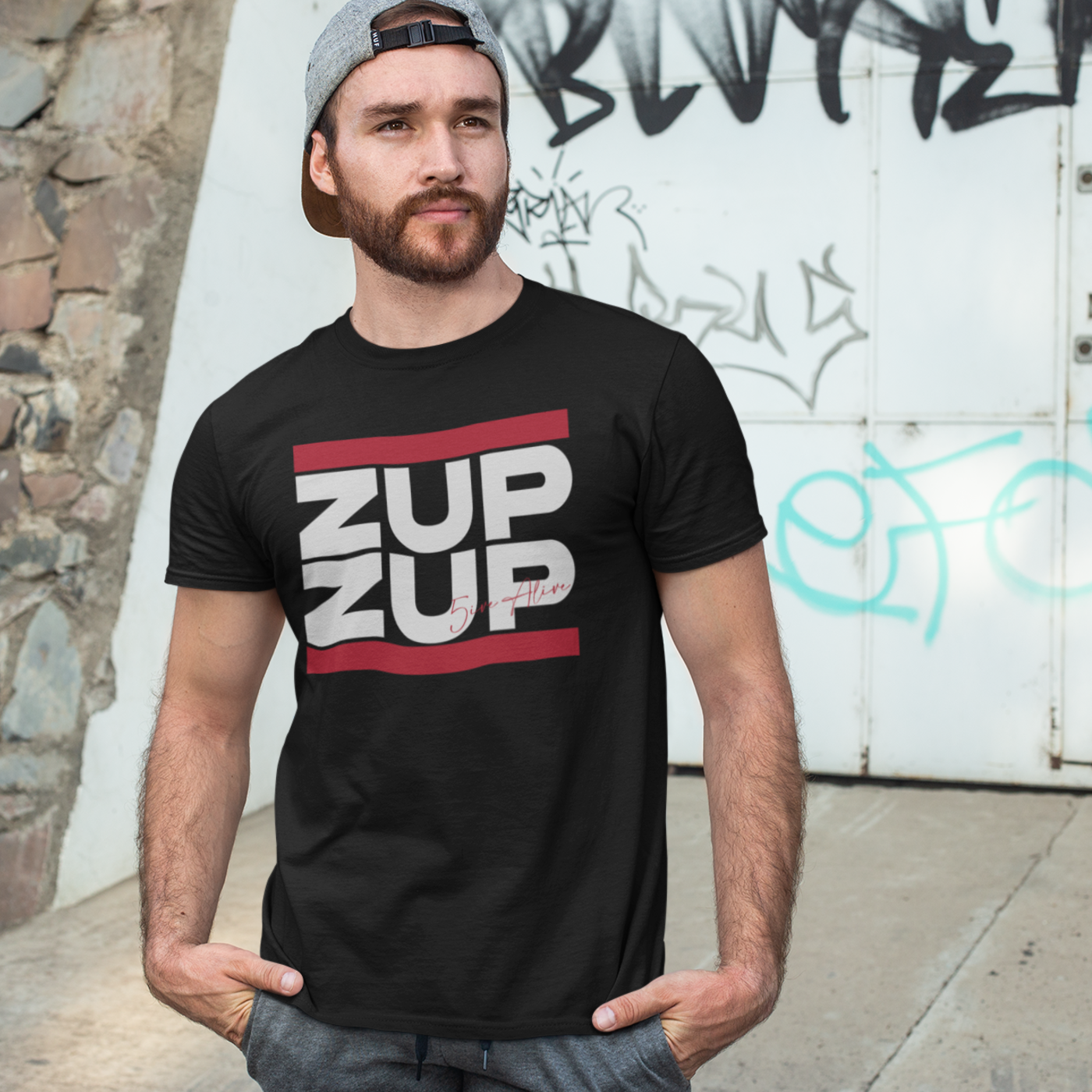Signature Series (MC 5ive Alive 'Zup Zup') Unisex organic cotton t-shirt (White Text) MAIN FRONT PRINT