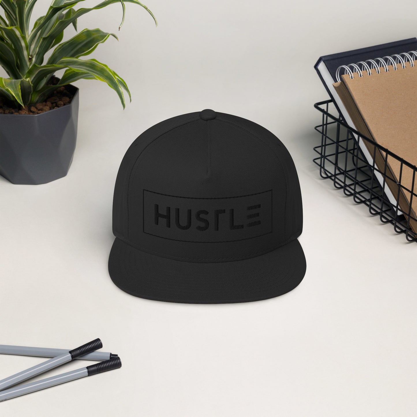 Hustle (v1) Flat Bill Cap (Black Text)