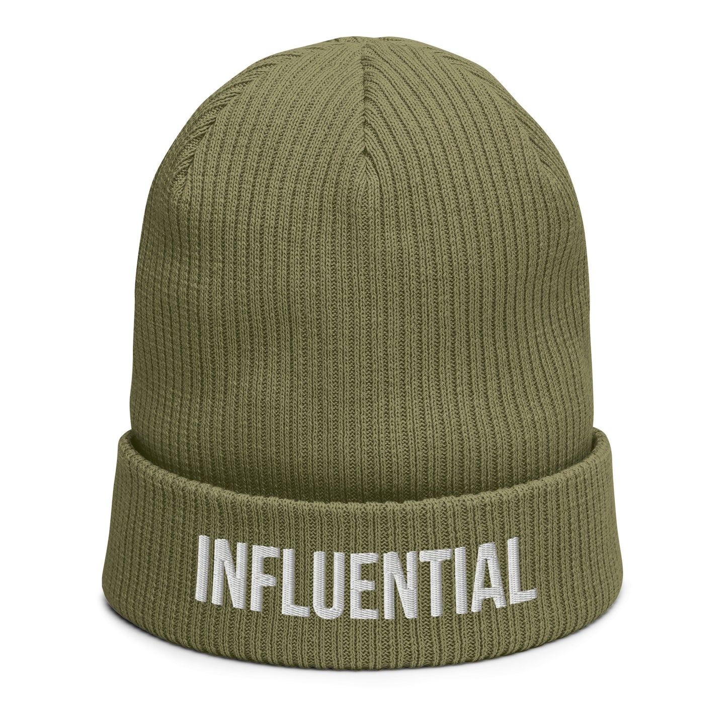 INFLUENTIAL (v1) Organic ribbed beanie (White Text)