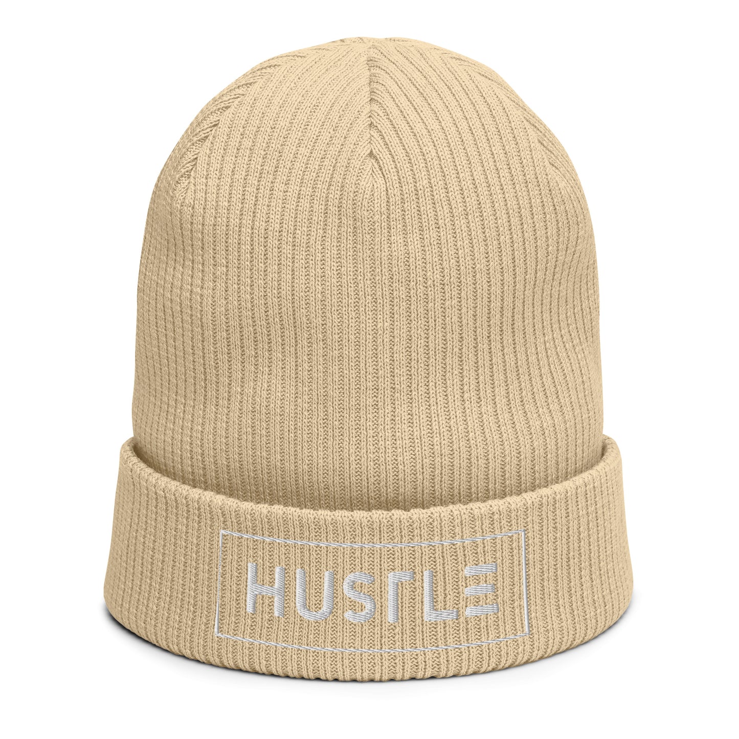 Hustle (v1) Organic ribbed beanie (White Text)