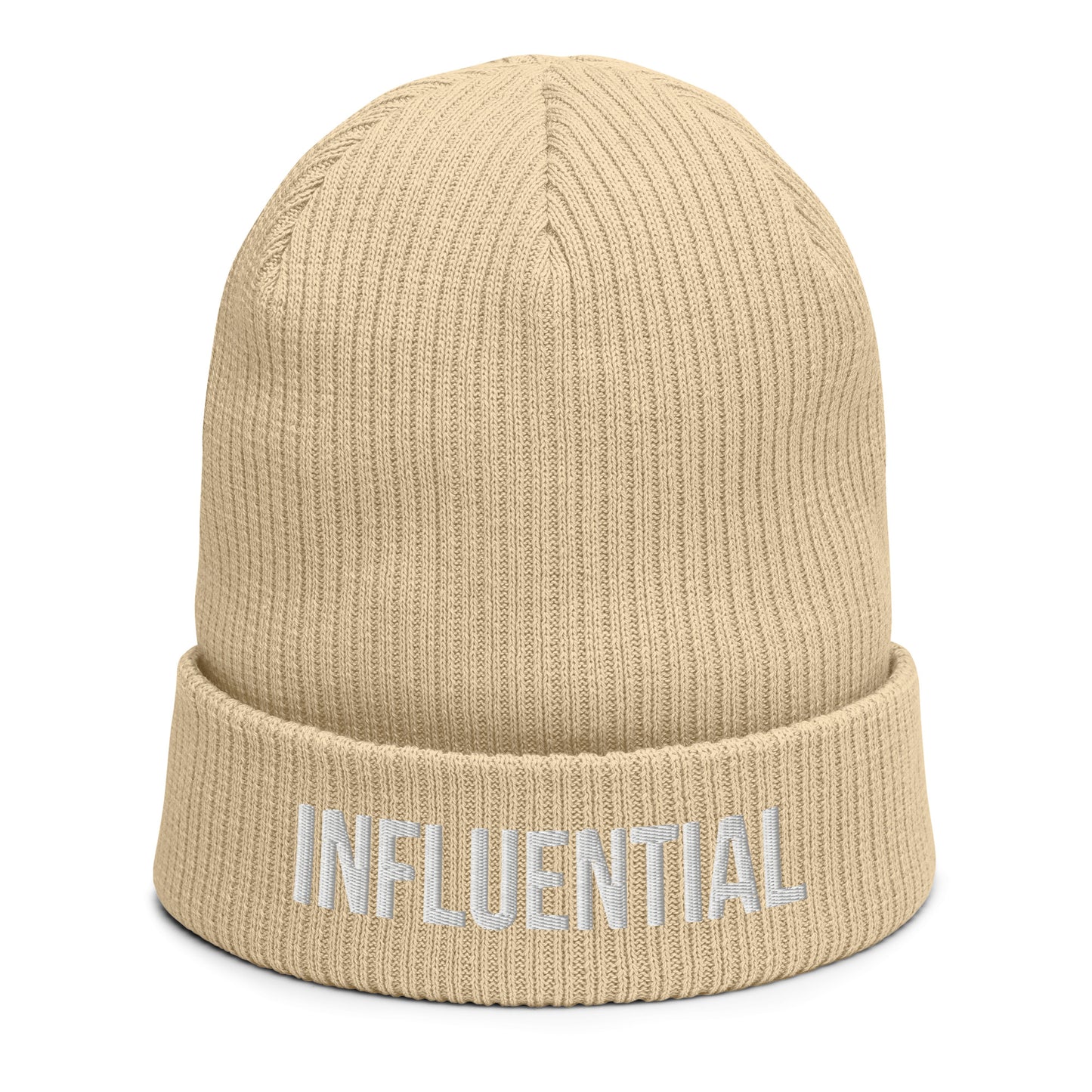 INFLUENTIAL (v1) Organic ribbed beanie (White Text)