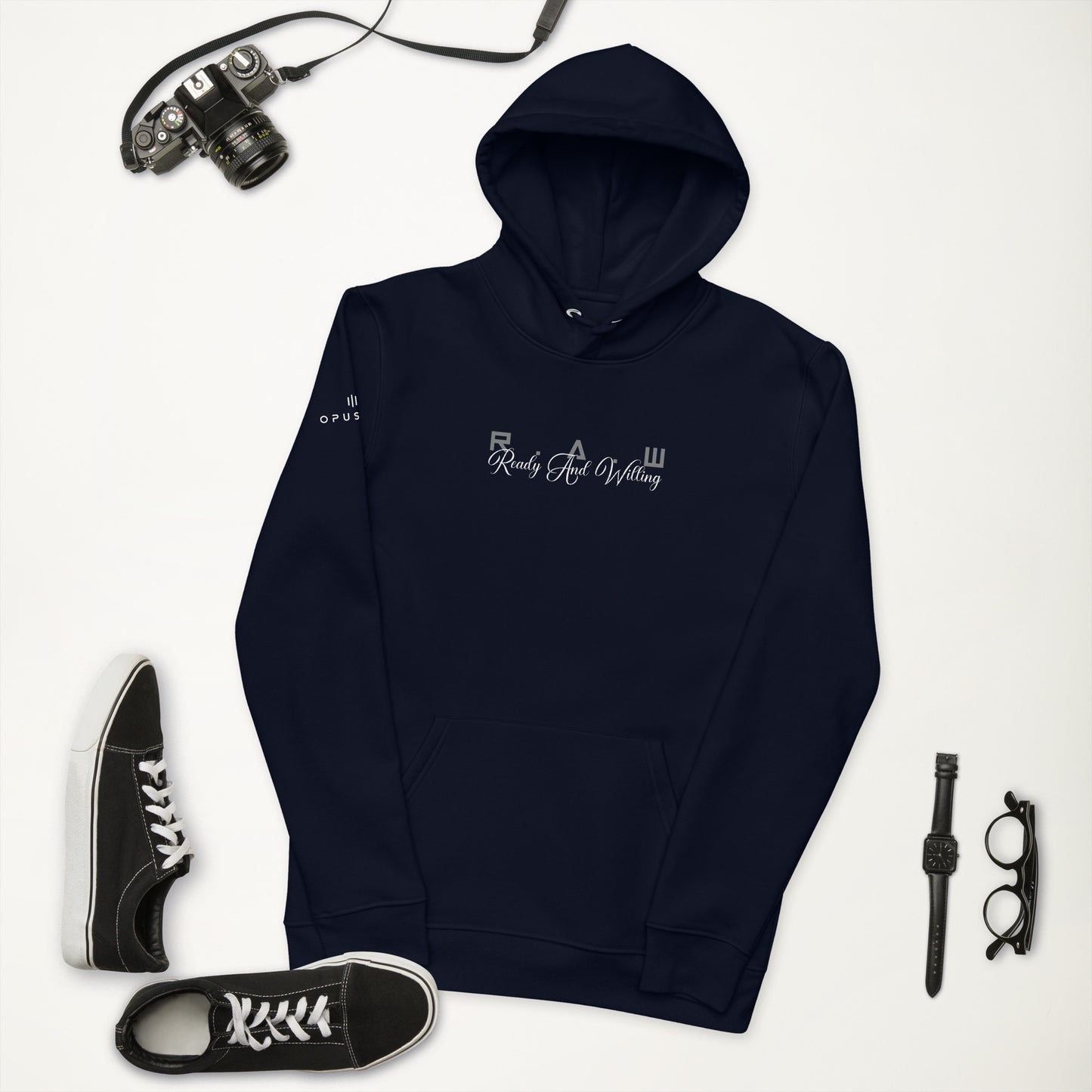 R.A.W Unisex essential eco hoodie (White Text)