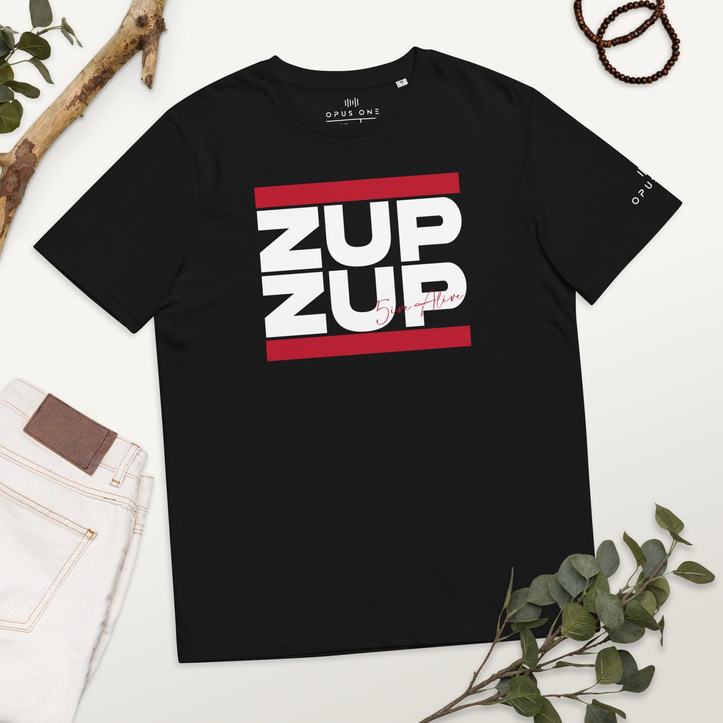 Signature Series (MC 5ive Alive 'Zup Zup') Unisex organic cotton t-shirt (White Text) MAIN FRONT PRINT