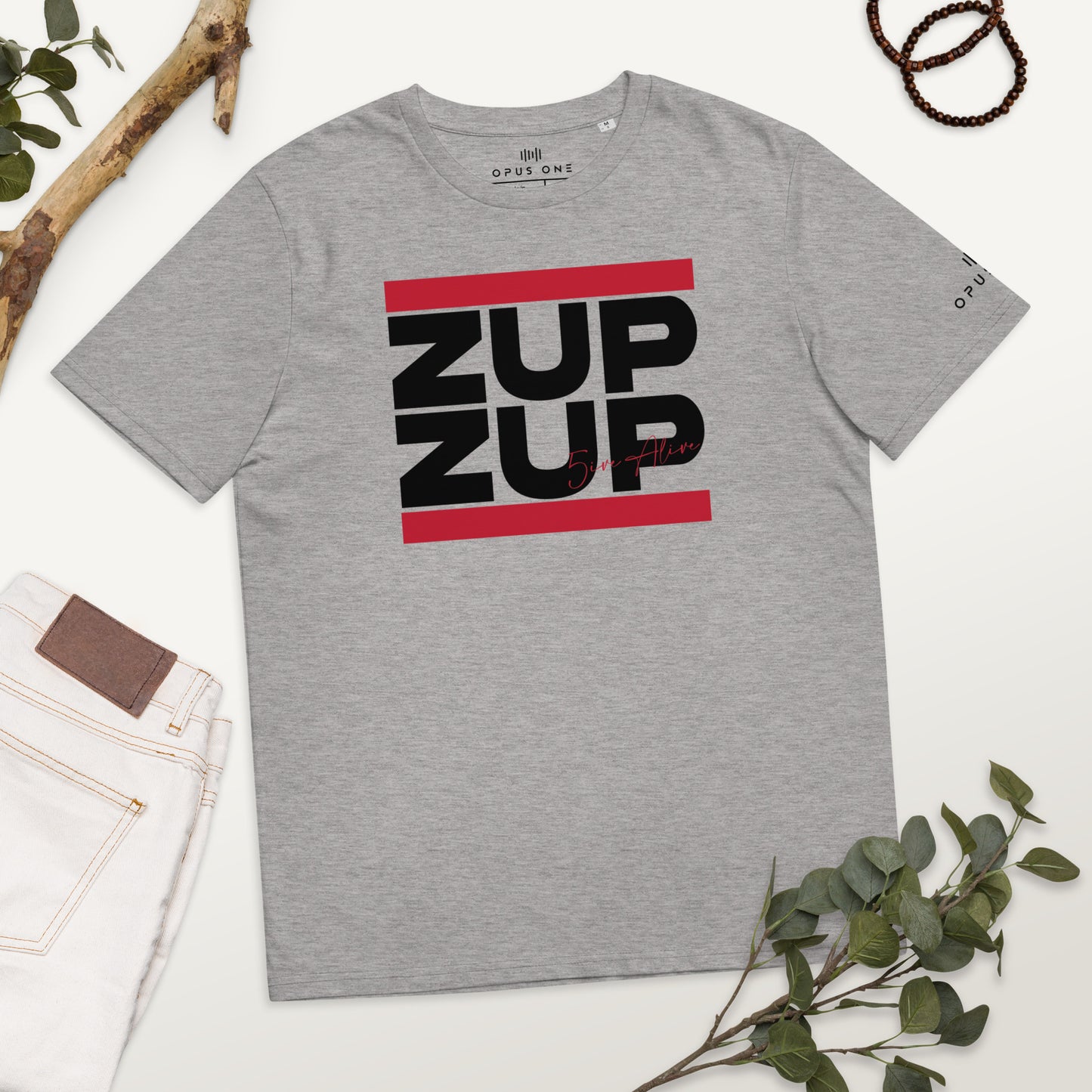 Signature Series (MC 5ive Alive 'Zup Zup') Unisex organic cotton t-shirt (Black Text) MAIN FRONT PRINT