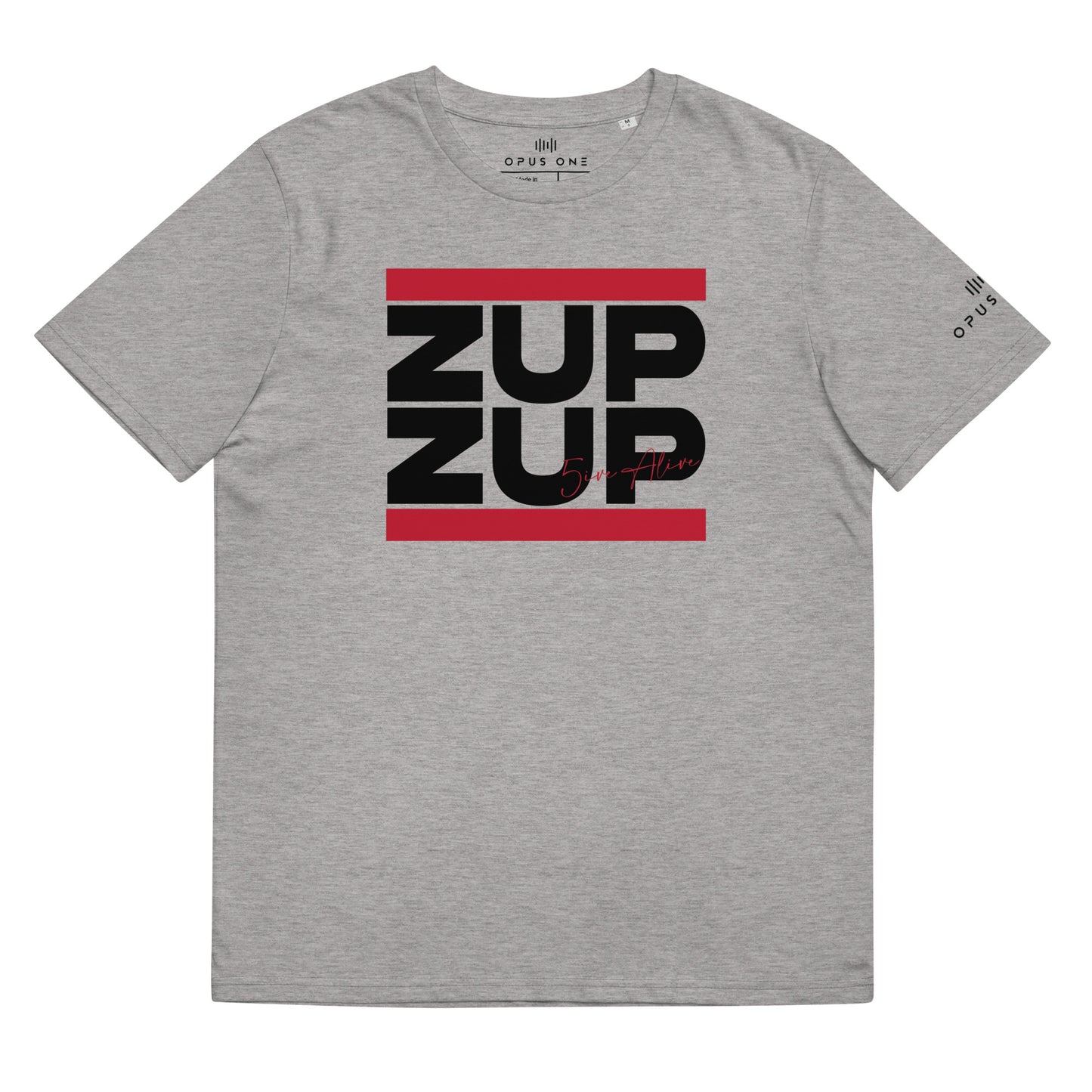 Signature Series (MC 5ive Alive 'Zup Zup') Unisex organic cotton t-shirt (Black Text) MAIN FRONT PRINT