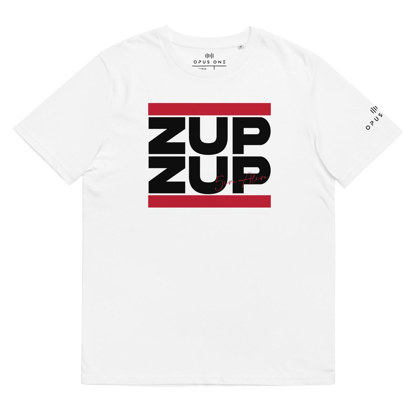 Signature Series (MC 5ive Alive 'Zup Zup') Unisex organic cotton t-shirt (Black Text) MAIN FRONT PRINT