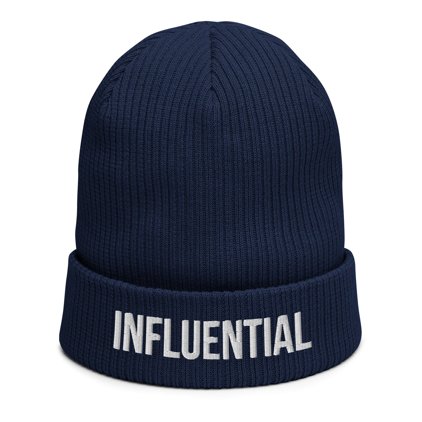 INFLUENTIAL (v1) Organic ribbed beanie (White Text)