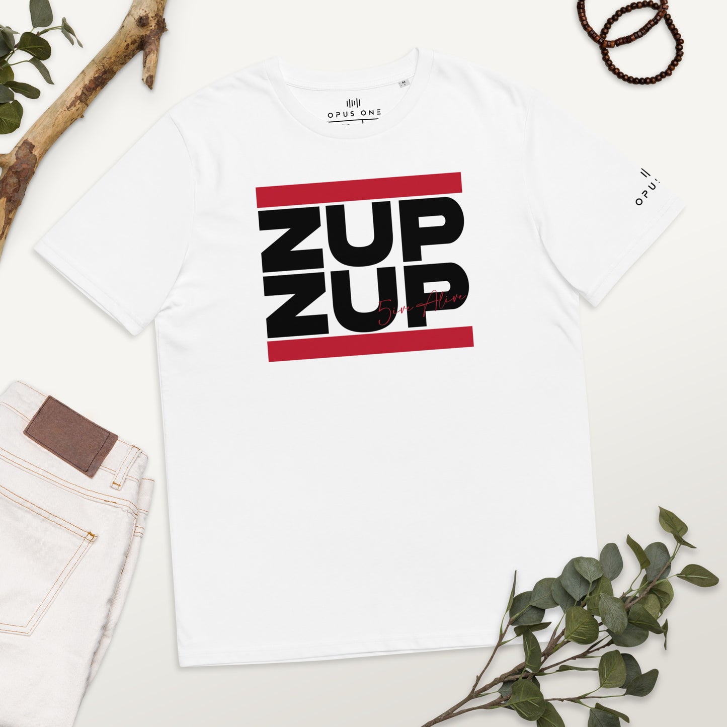 Signature Series (MC 5ive Alive 'Zup Zup') Unisex organic cotton t-shirt (Black Text) MAIN FRONT PRINT